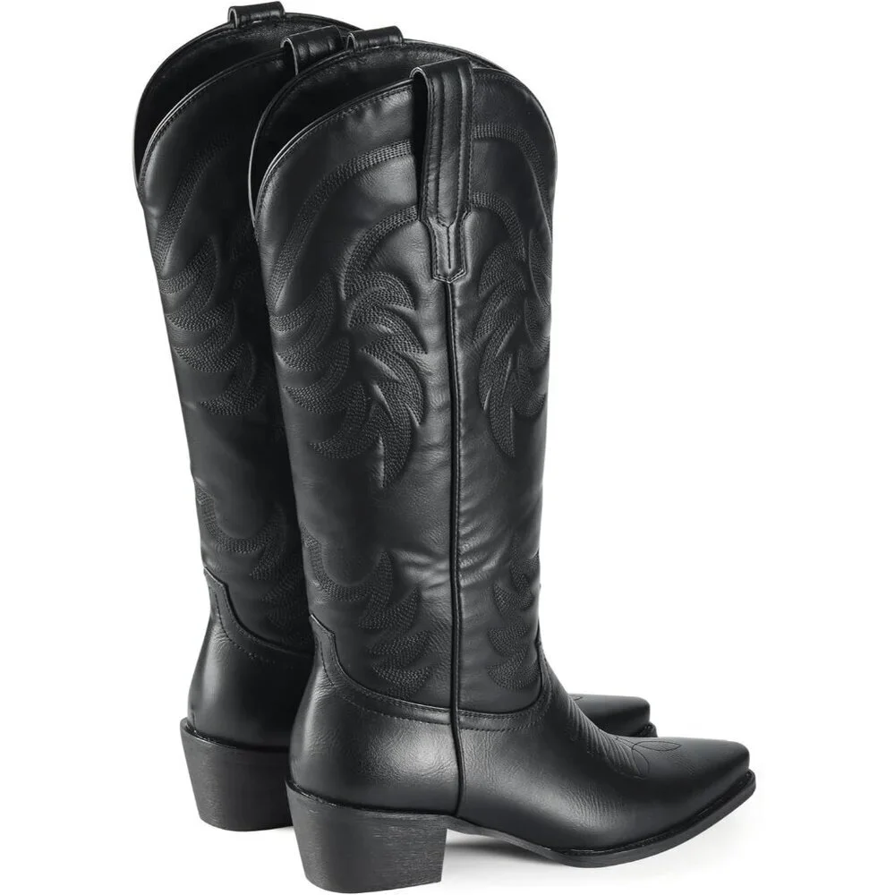 Women Pu Midnight Black Knee High Pointed Toe Block Heel Cowboy Western Boots - Picture 9 of 9